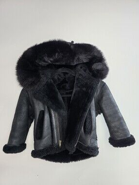 Kids Black Shearling Hooded Jacket with Fur Trim